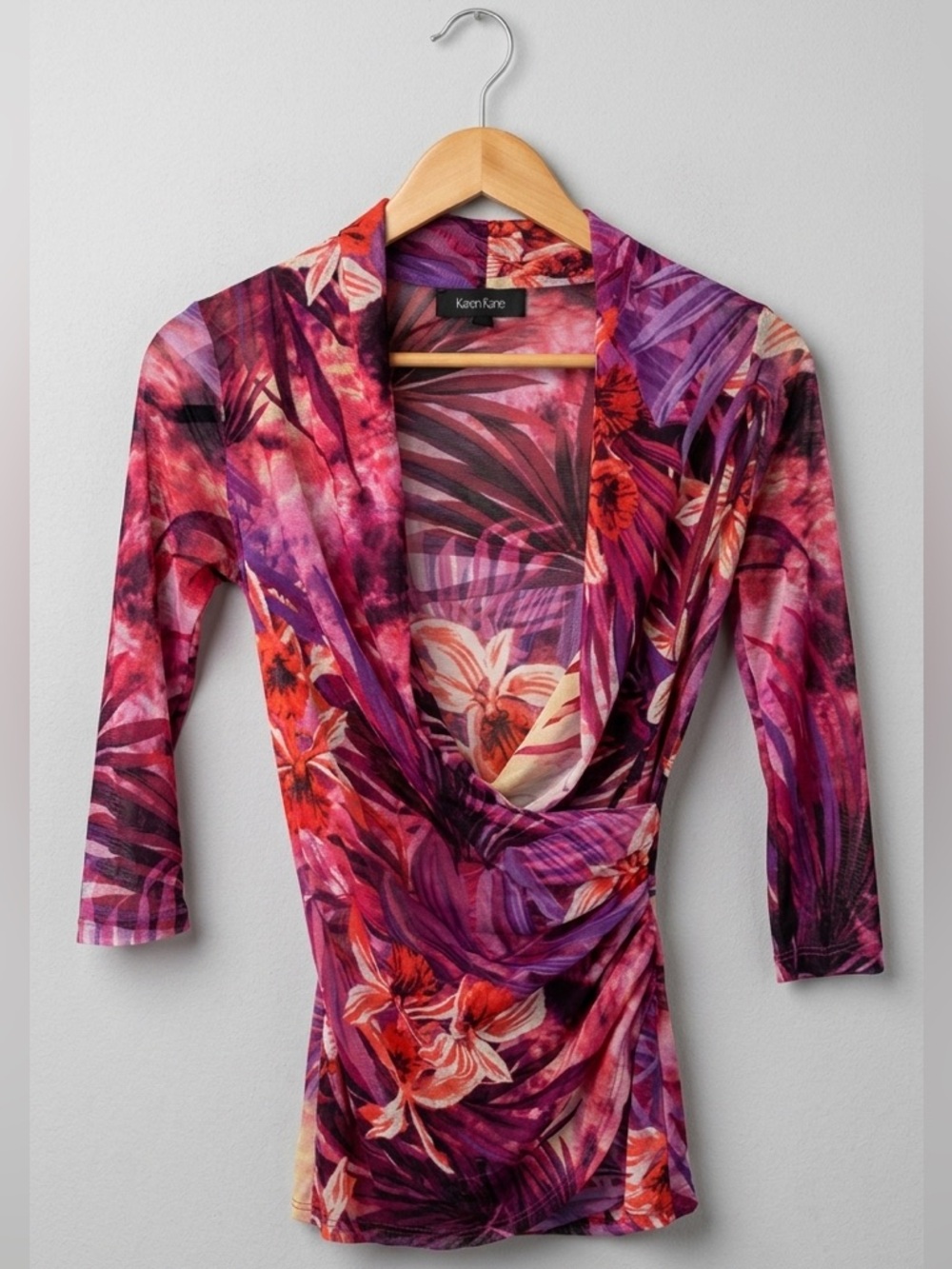 Y2K Karen Kane Sheer Mesh Tropical Floral Wrap Top Magenta S Whimsigoth